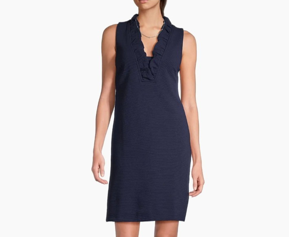 Lily Pulitzer Tisbury V Neck Ruffles True Navy Stripe Knit Shift Mini Dress XL